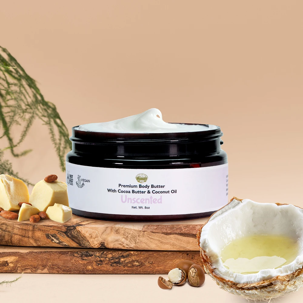 Private Label Organic Skin Care Premium Body Butter - Unscented Moisturizing Body Butter With Cocoa Butter and Coconut Oil