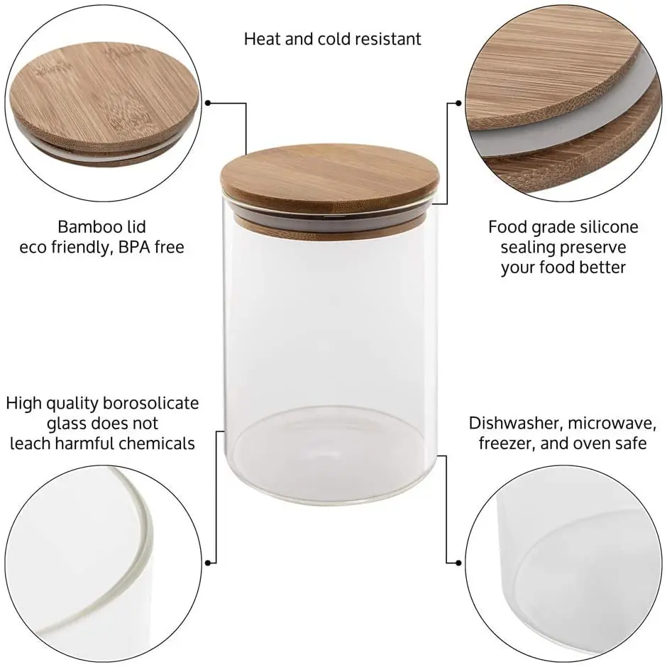 Home Kitchen Glass Spice Jar Set 600ML 900ML 1200ML Coffee Bean Storage Container Jars Vacuum Seal Glass Jars With Wood Lid