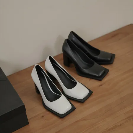 XINZI RAIN Spring New Ladies Block Heels Shoes Fashion Square Toe Black Real Leather 8.5cm Heel Women Chunky Heel Pumps