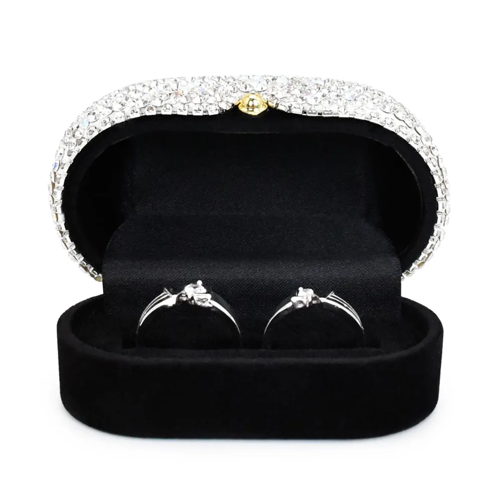 Luxury oval clamshell opening velvet jewellery double rings packaging box diamond attached jewelry box with diamonds