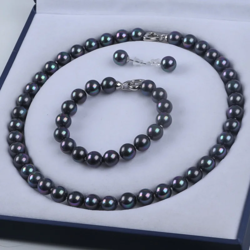 Hot selling fashion 10mm Tahitian Black color shell pearl necklace jewelry set for woman