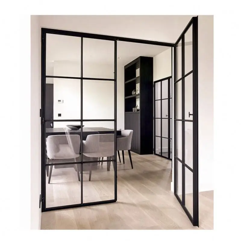 Modern Interior Office Partition Garden Patio French Style  Powder Coated Black Glass Door With Steel Frame