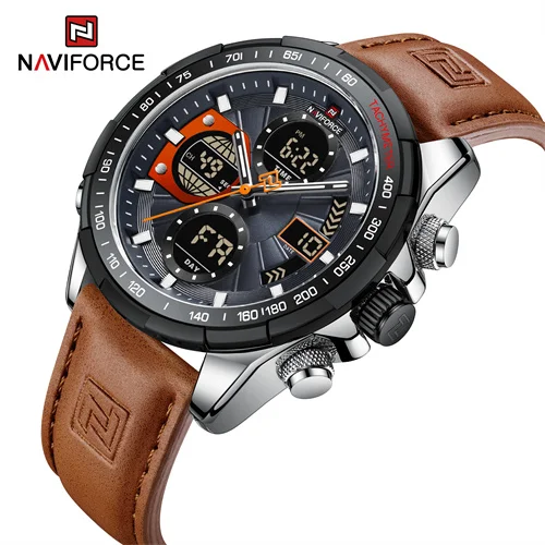 NAVIFORCE 9197 sgyobn натуральная кожа кварцевые мужские часы погоня ЖК-цифровой спортивный стиль с хронографом водонепроницаемые для мужчин