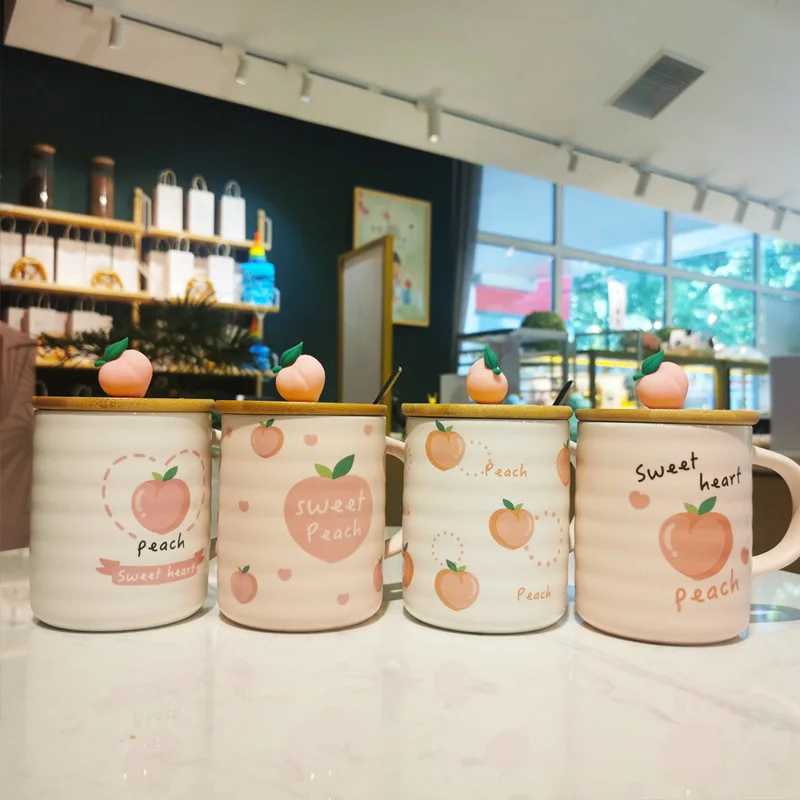 New product wholesale korea peach pink coffee & tea mug cup with spoon and bamboo lid
