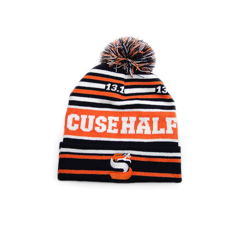 Winter Hat With Top Ball Custom Jacquard Design Acrylic Knit Pom Beanie Men For Football Team Pom Pom Beanie