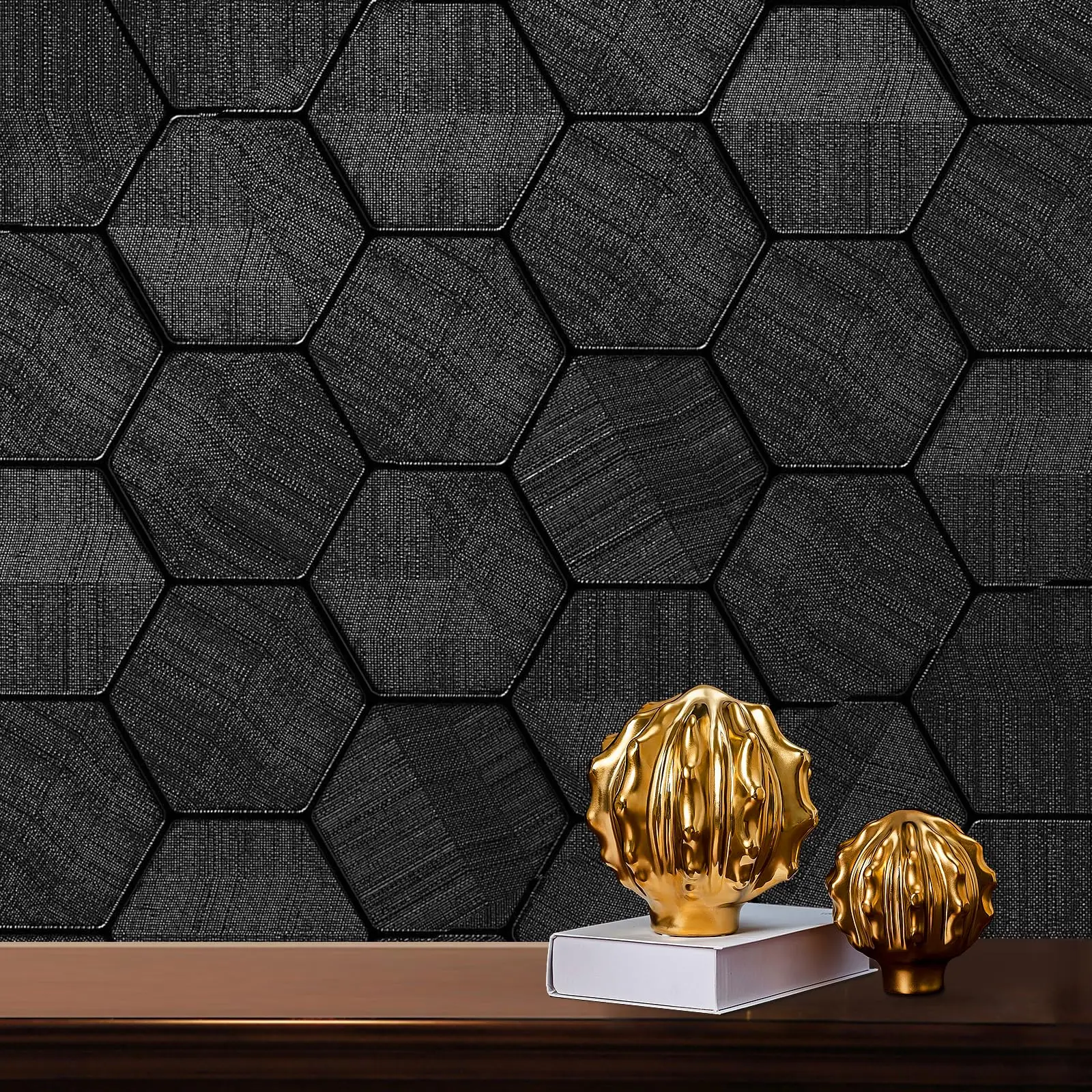 Hexagon Geometric Embossed Contact Paper Black Textured Wall paper for Cabinet Bedroom