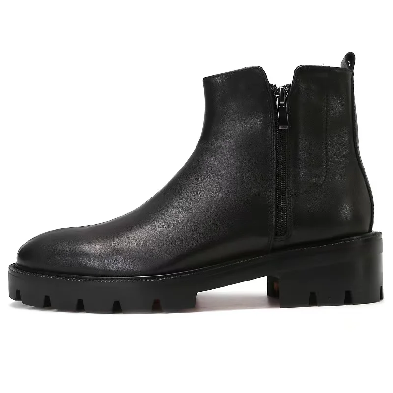 PDEP  hand made luxury black genuine leather men ankle boots with zipper non slip rubber sole red bottom men formal dress shoes