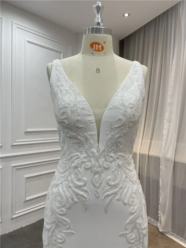 Women Mermaid Sleeveless Chiffon Lace Beaded Plunging V Neck Real Wedding Dress