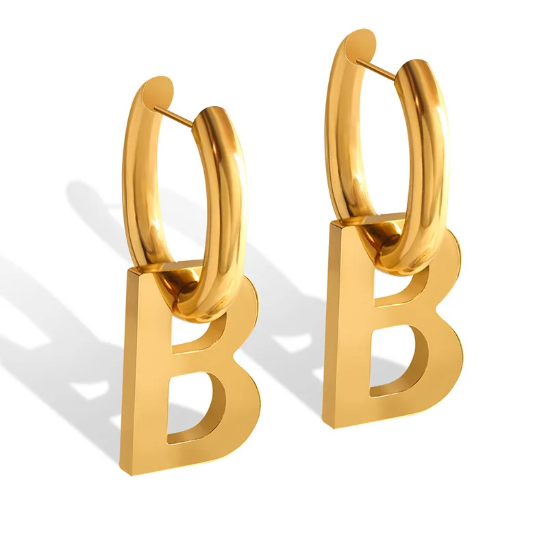 Waterproof Luxury Personality Wholesale 316L Stainless 18K Gold Plate Letter B Huggie Earring For Girls