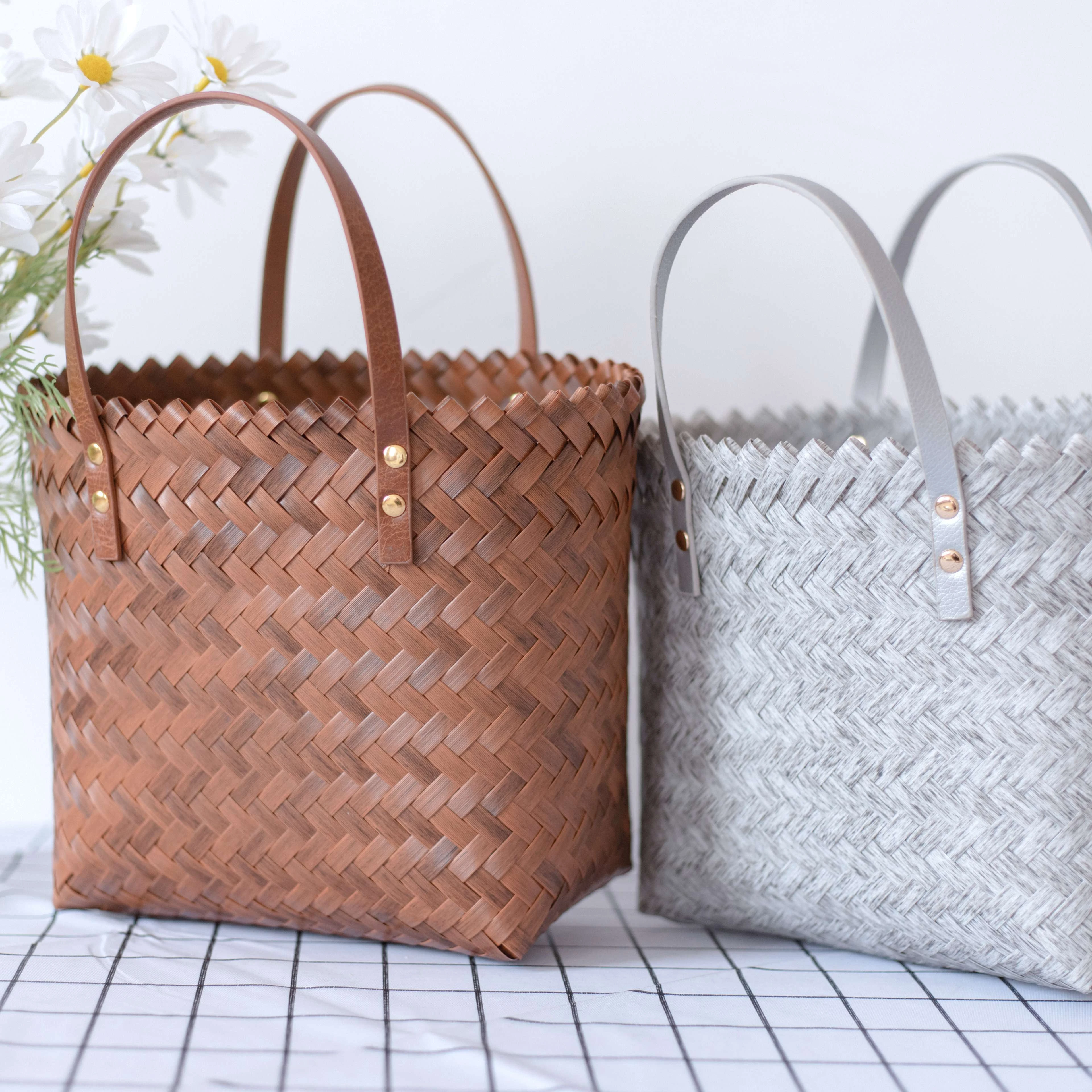 Portable PP rattan woven plastic tote bag storage fruit basket multifunction weaving handmade basket