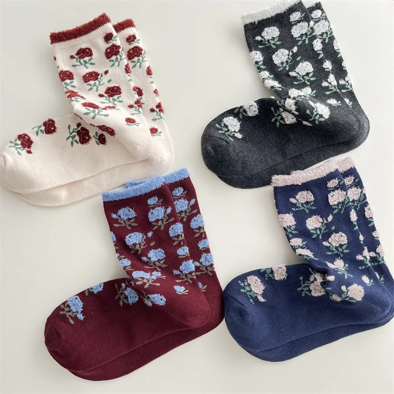 Romantic Fashion Flower Socks Wholesale Fancy White Grey Navy Burgundy Fluffy Fuzzy Flocking Jacquard Women Floral Cotton Socks