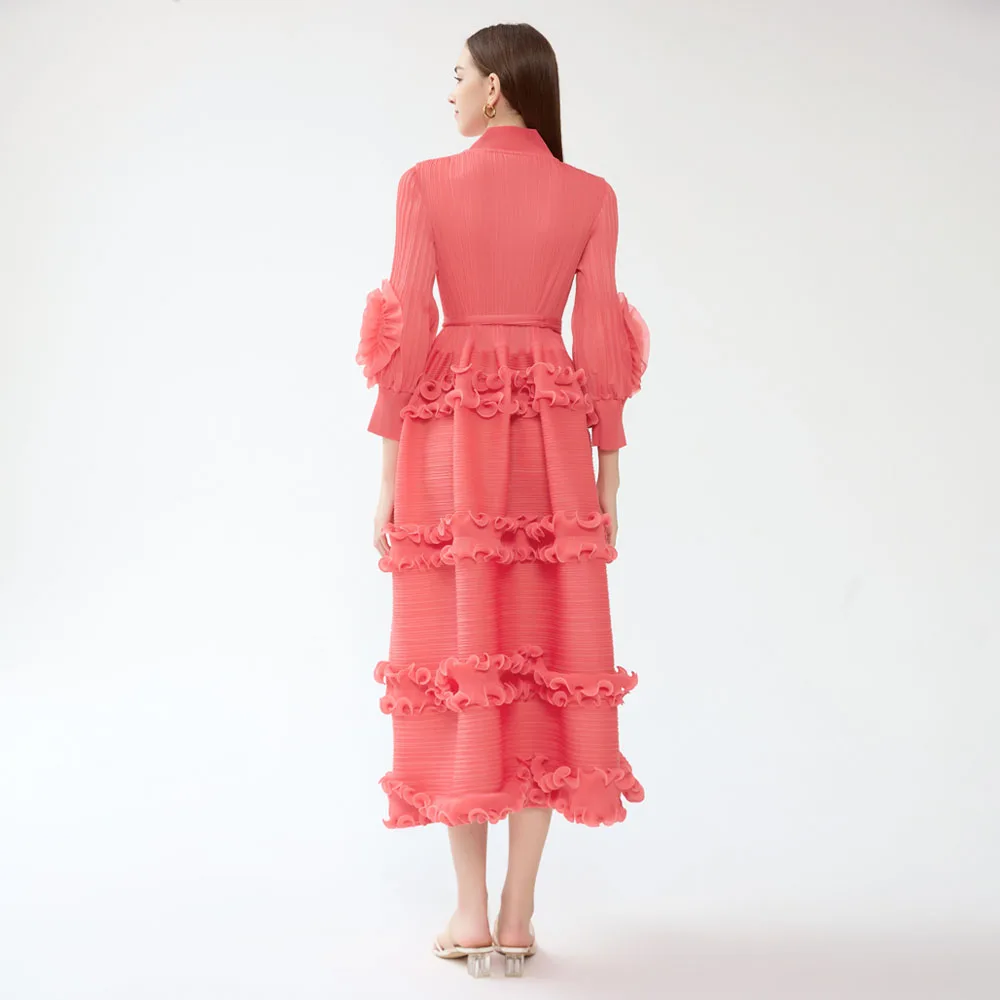 Custom Women High Quality Plus Size Solid Pleated Petal Sleeve Luxury Waisted Personality Madi Ladies Pleated Dress
