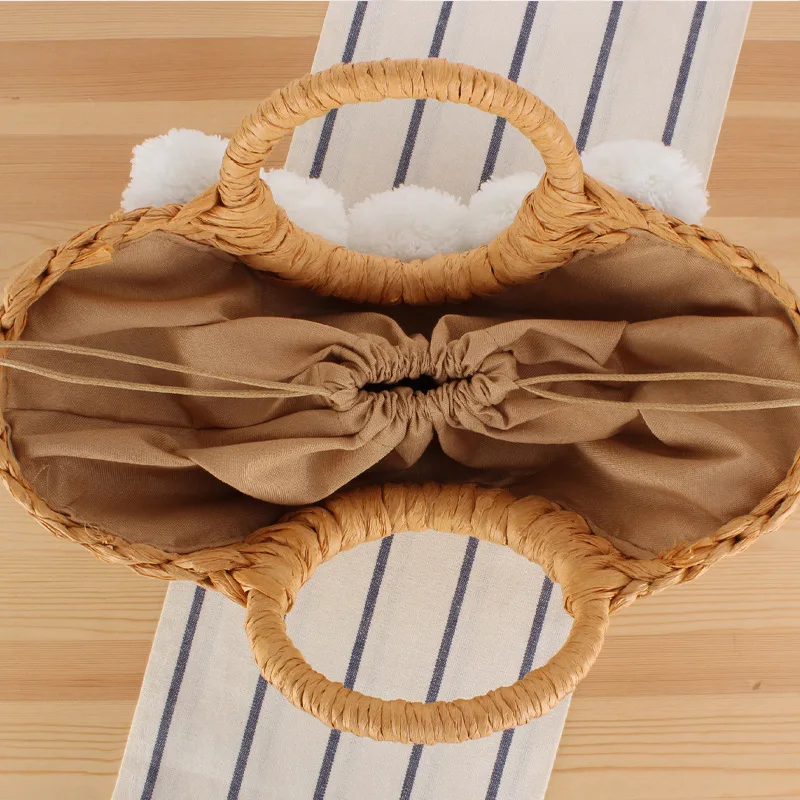 Factory Wholesale  Bride Straw Beach Hand Woven Large Purse Wedding Gift with Pompom Top Handle Summer Beach Rattan Tote Bag