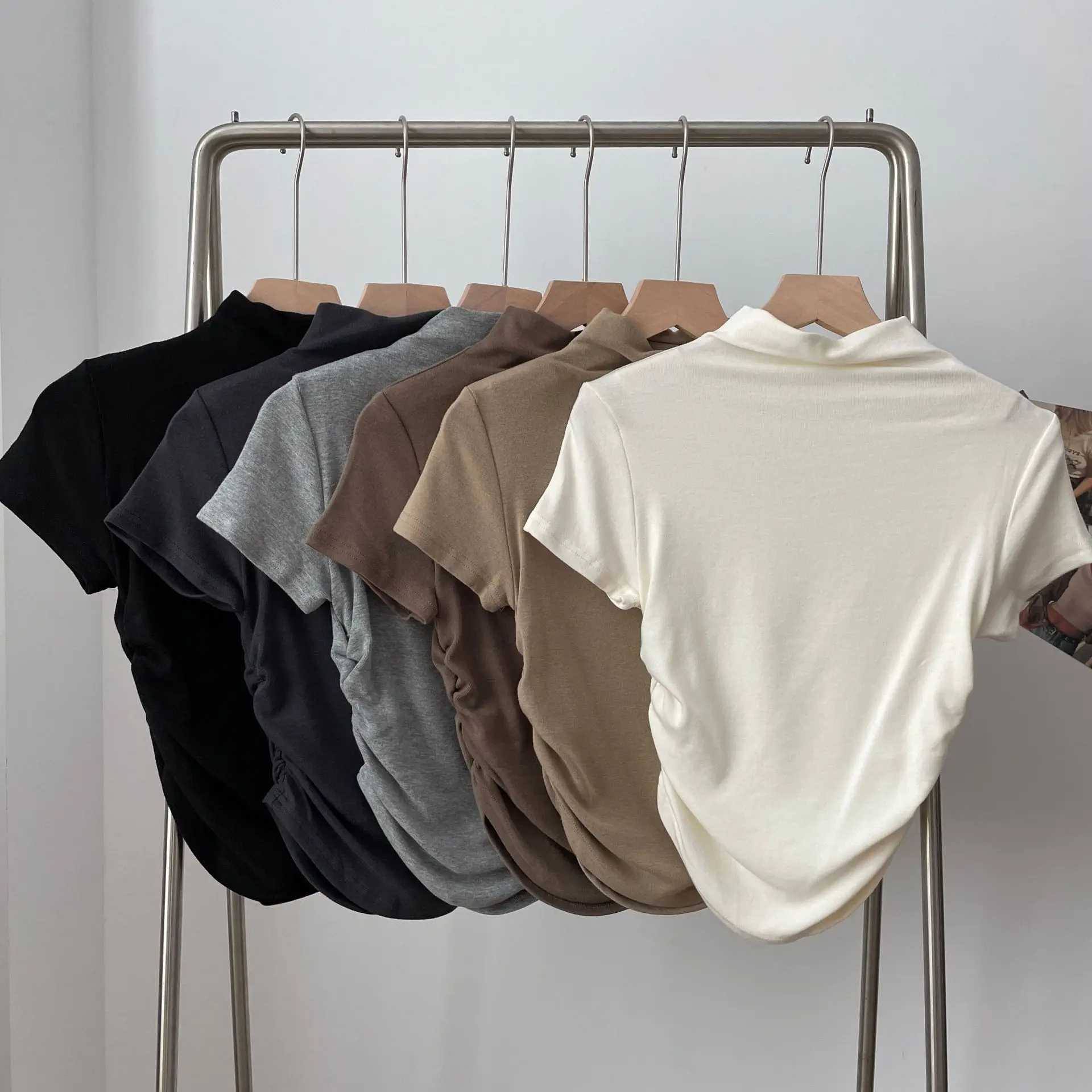 2025 New Design Summer Solid Color Tops Short Sleeve High Collar Blouse Gathers Crop Top cotton custom logo t-shirts for women