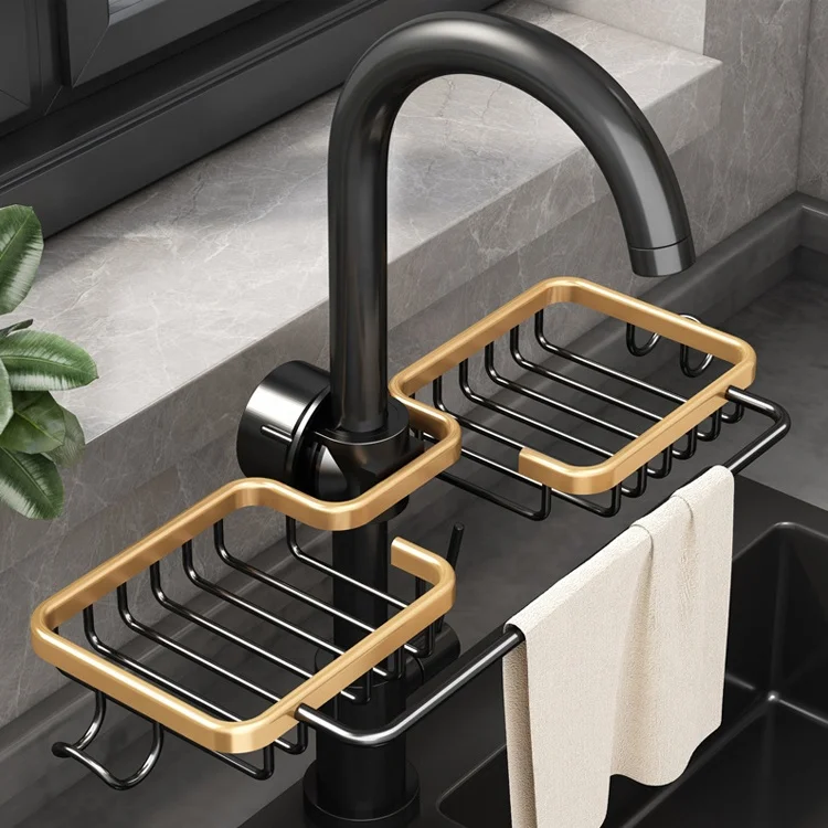 Kitchen Space Aluminum Sink Drain Rack Sponge Storage Faucet Holder Soap Drainer Shelf Basket Organizer Bathroom Accessories