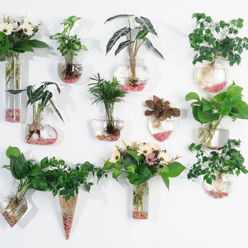 Creative Wall Hanging iron Clear Glass Vase Bedroom Hanging Wall Stickers Flower Holder Glass Wall Vase For Home Decoration