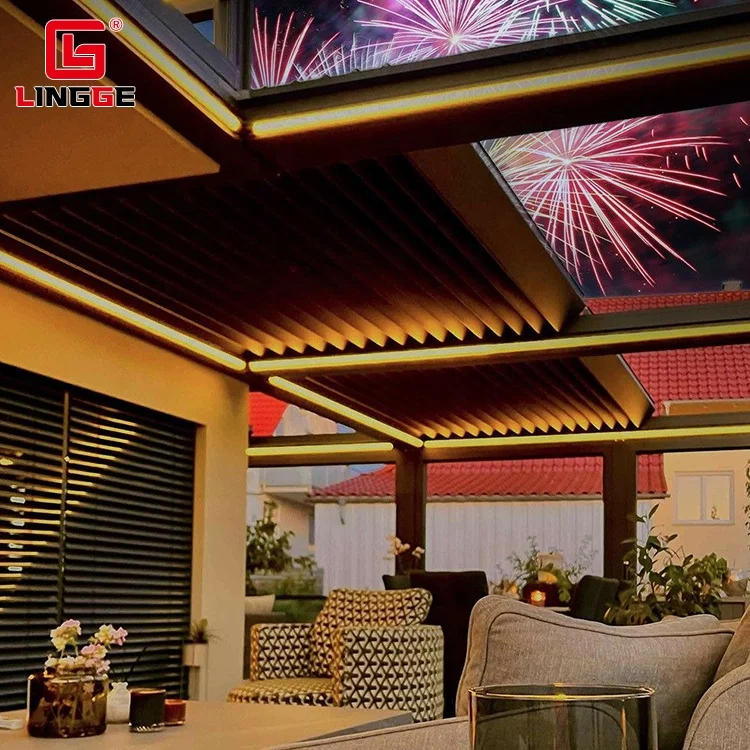 Folding Blinds Gazebo Garden Sunshade Electric Aluminum Gazebo With Light Strip Customizable Color Waterproof Gazebo