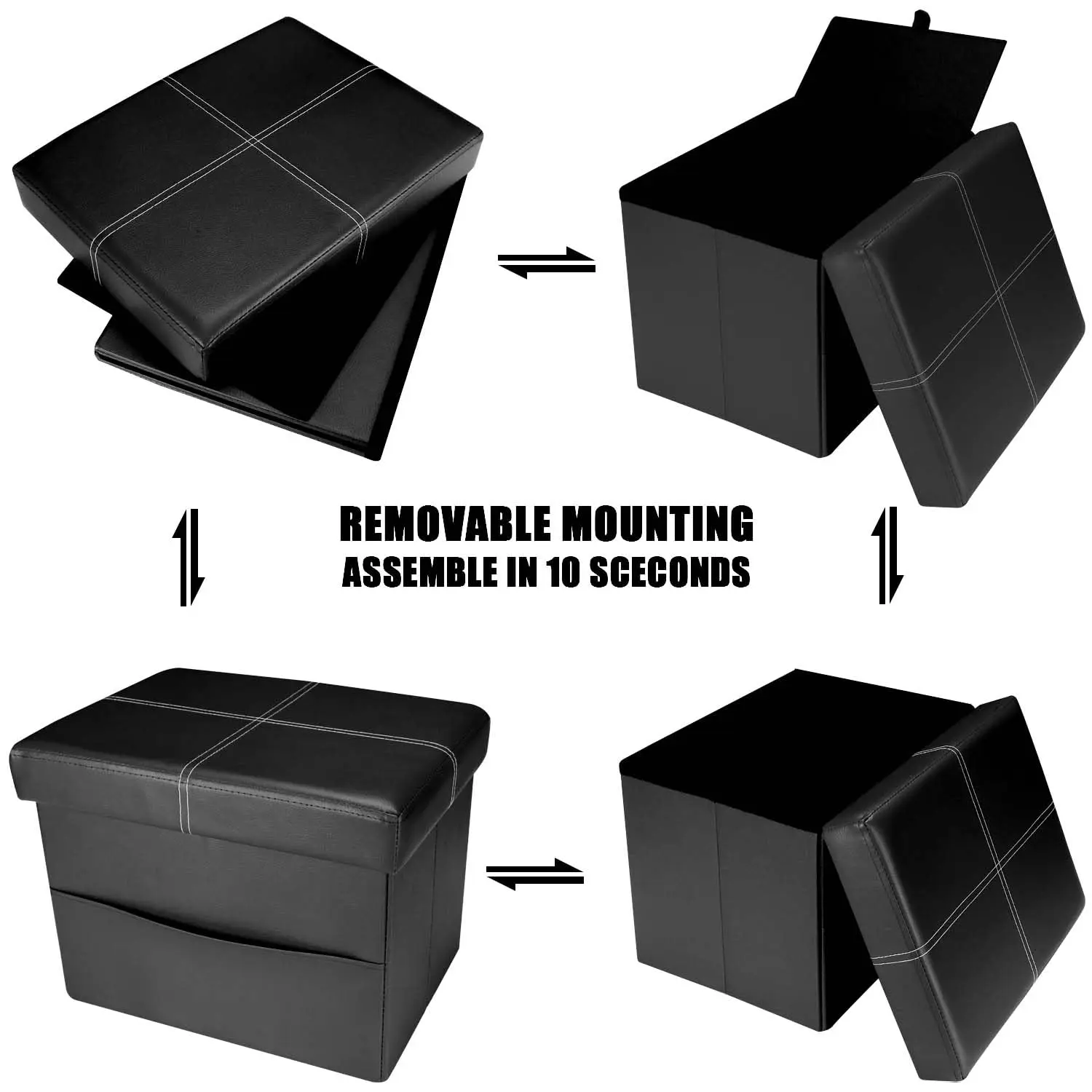 Black Leather Stool with Thicker Foam Padded Seat Small PVC Storage Ottoman Bench Foot Rest with Side Pocket for Living Room