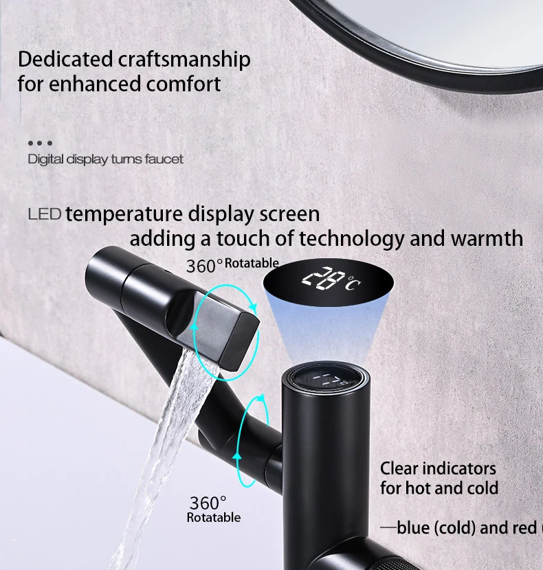 CBM Smart Hydroelectric LED Digital Display Bathroom Waterfall Basin Faucet Mixer Taps Lucky Cat-style Black Brass Contemporary