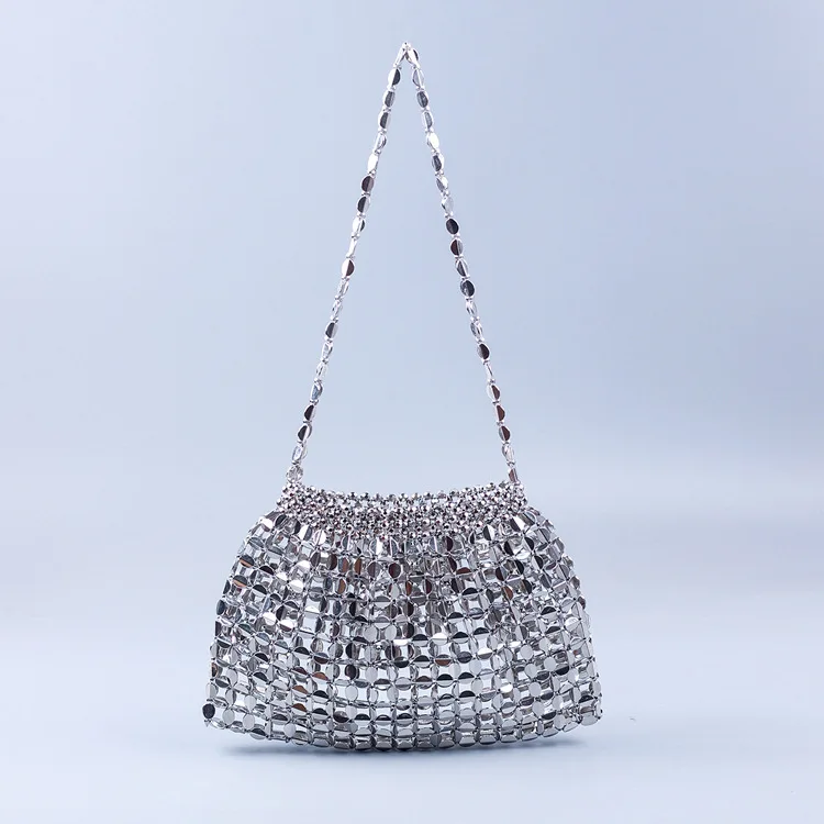 Women Silver and Gold Luxury Beads Bag Shiny Bling Dumpling Bag Purse Ctossbody Evening Clutch Bag
