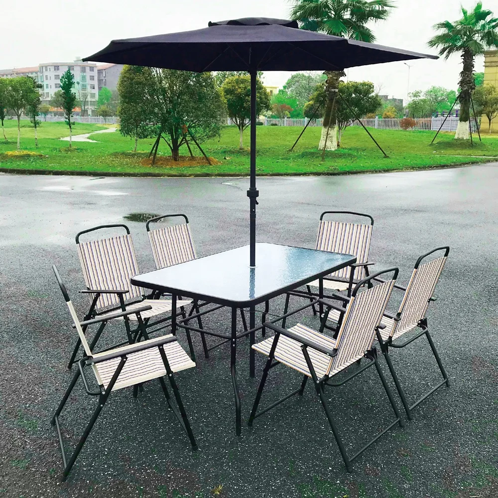 
High Quality Outdoor Steel Picnic Garden Stack Chairs And Tempered Glass Table Sets  (1600184359456)