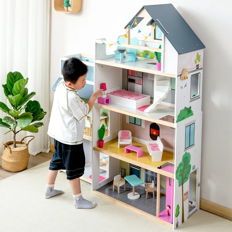2024 New Arrival Baby Pink Wooden Pretend Play House Princess Villa Game Educational Role Play Gift Toys For Girls