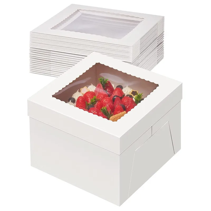 Hot Sale Square Cardboard Cake Boxes Tall Box With Window White Bakery for Multi-Layer Cakes