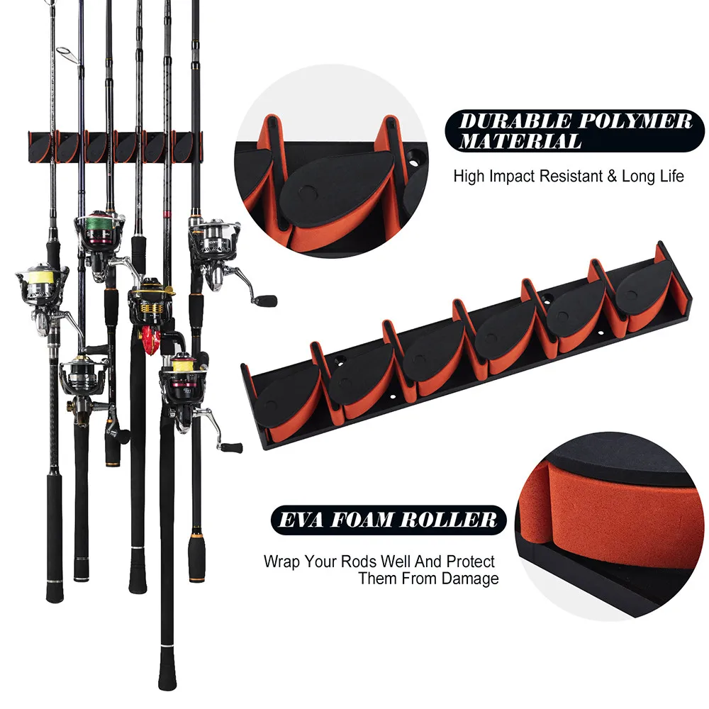 Fishing Rod Holder Horizontal 6-Rod Rack ABS Plastic Storage Wall Mount Fishing Rod Rack Fishing Pole Holder for Garage