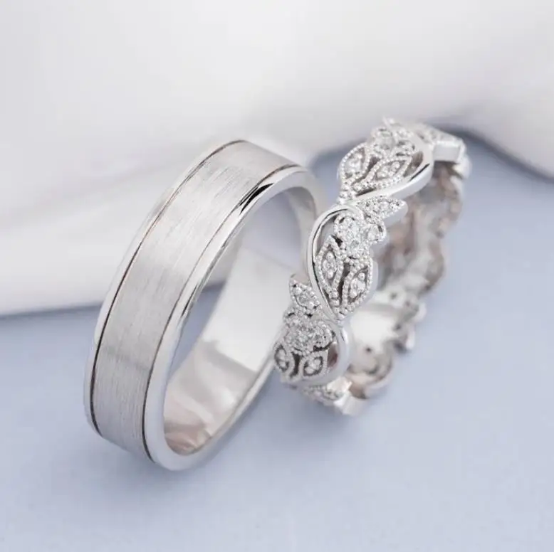 Wedding bands Set 14K White Gold  With Floral Design Couple Wedding Rings Set with Diamond Wholesale