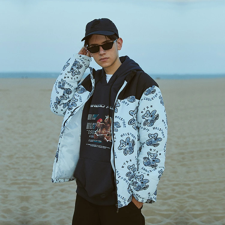 Wholesale Bear Print Anime Women Clothing Korean Winter Thick Custom Logo Padding Colorful Puffer Zip Coat Jacket Men