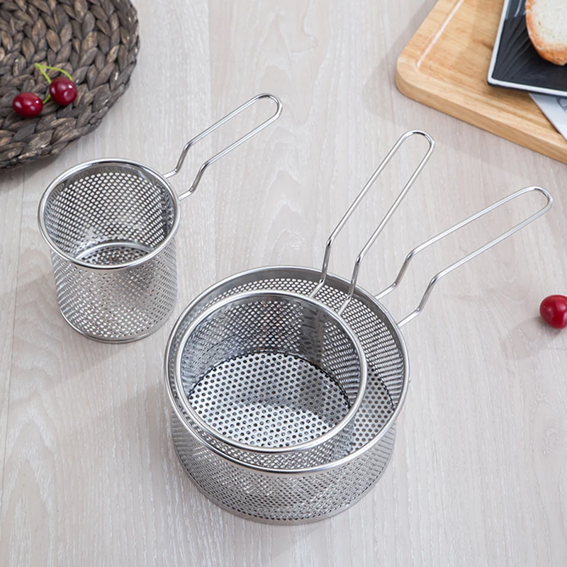 Stainless Steel French Fry Cooking Tapas Food Presentation Gadget Tool for Onion Rings Chip Serving Basket Mini with Handle Chef