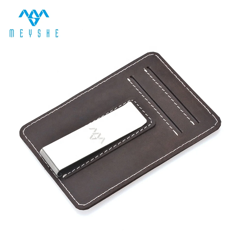 Factory Custom Brown Crazy Horse Luxury Engraved Slim Money Clip Cardholder For Men