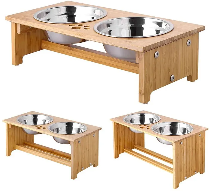 Raised Pet Bowls for Cats and Dogs, Bamboo Elevated Dog Cat Food Bowls Stand Feeder with 2 Stainless Steel Bowls