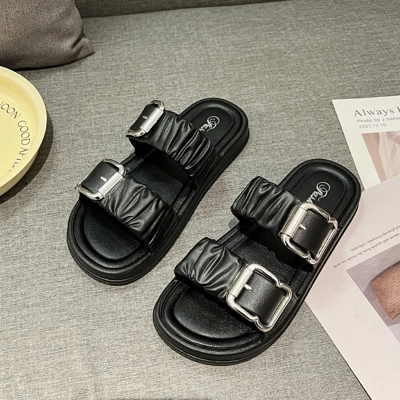 Hot Sale Beach Sandals Double Straps Wear-resistant Slippers Soft Sole PU Round Toe Flat Sandals For Women And Ladies