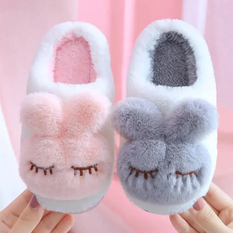 Wholesale Fashion Cute Animal Style Rabbit Fluffy Warm Unisex Anti Slip Soft Kids Slippers For Winter Indoor House Home