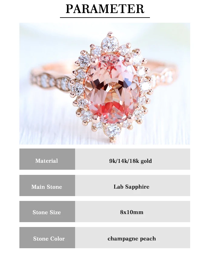 Luster Large Vintage Style 10K 14K 18K Gold Halo Moissanite Band 8x10mm Lab Grown Peach Pink Sapphire Ring for Woman