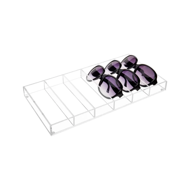 Eyewear Jewelry Makeup Vanity Drawer Organizer Storage Case Clear Acrylic Sunglasses Holder Display Tray with 6 Compartments