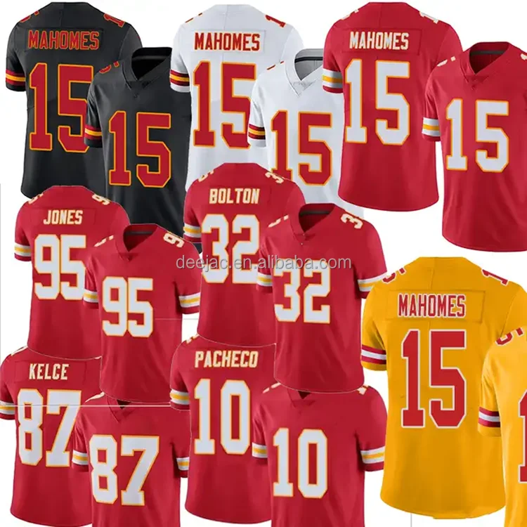Футболки для мужчин 15 Patrick Mahomes 9 JuJu Smith-Schuster 87 Kelce 10 Pacheco Прошитые VP ограниченные футбольные майки США красные