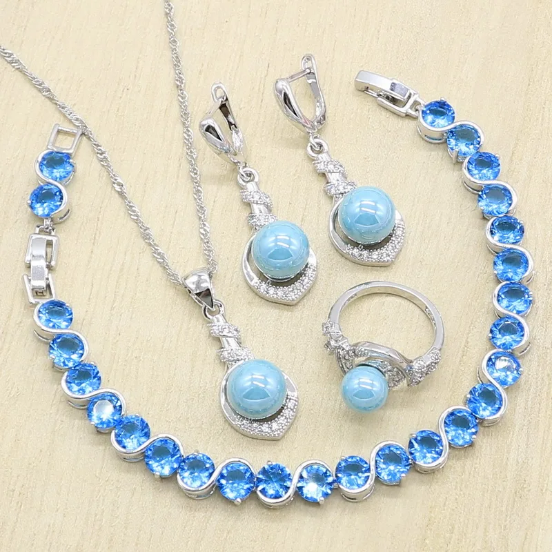 Blue Pearl silver jewelry Sets for Women pearl necklace set with Bracelet Pendant Earrings Ring Wedding Birthday Gift