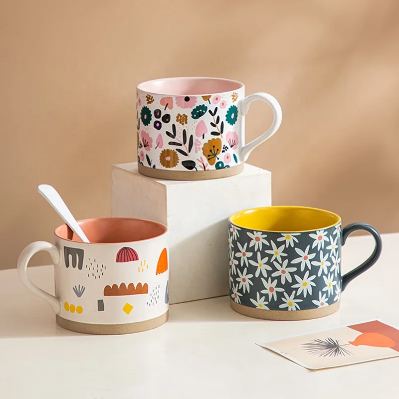 Floral Decal Printing Design Decal Gifts Large Capacity Porcelain Ceramic Soup Coffee Mugs Cups With Handle