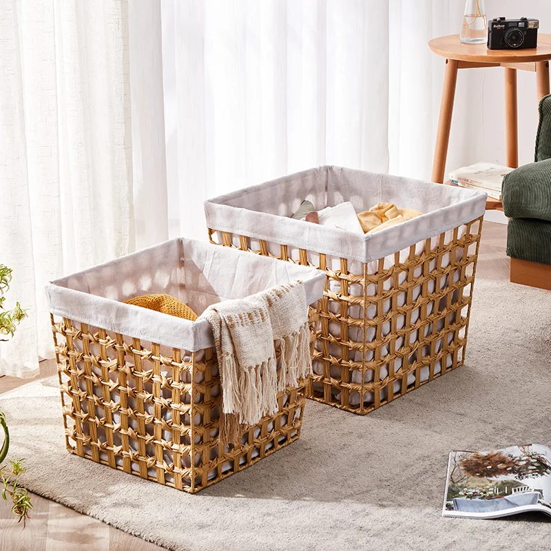 Factory wholesale sundries storage basket laundry basket like rattan woven with pure face linen lining cloth factory packaging