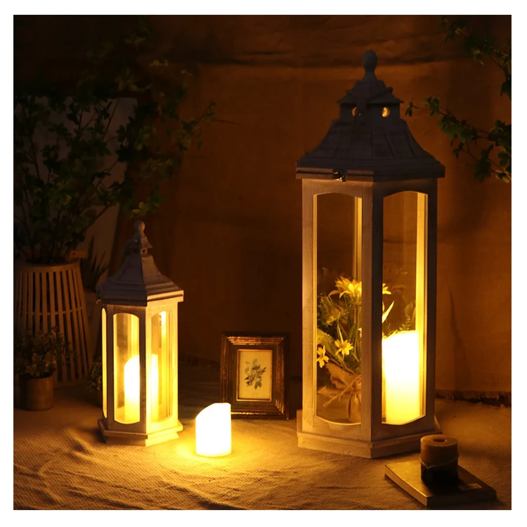 Decorative Lantern Retro Wooden Shooting Props Glass Lantern Candle Jars