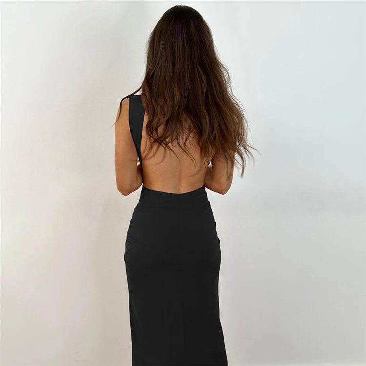 2023 Trendy New Design Elegant Slit Knot V-Neck Party Dresses Women Sexy Backless Black Sleeveless Maxi Dress Ladies