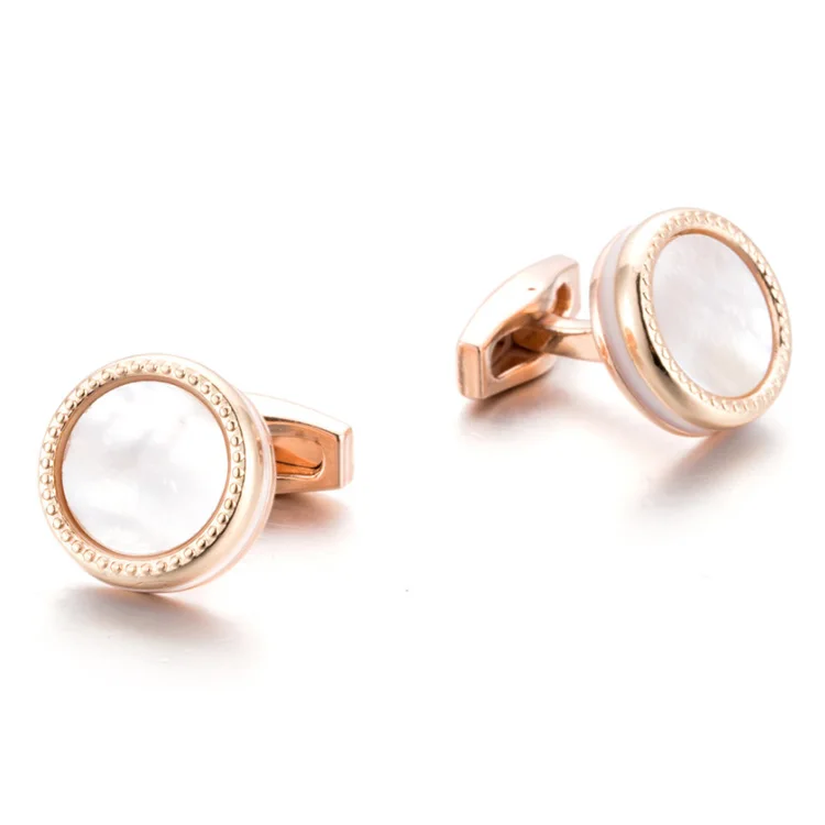 Rose Gold Pearl Shell  Cufflinks Round Cuff links Studs Set for Men Custom Business Wedding Jewelry Shirt Button Cufflinks