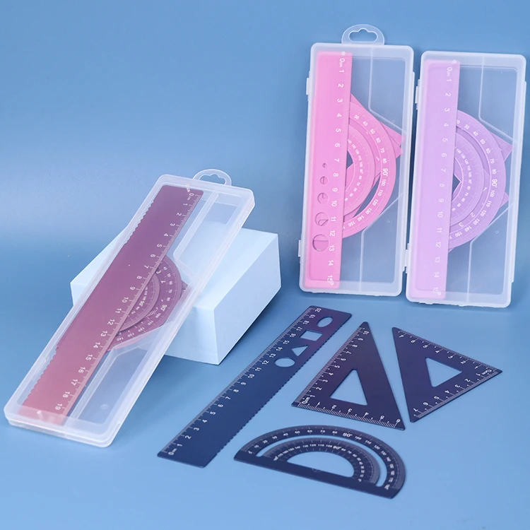 Free Sample Fancy Color 4pcs Rulers Case Geometry Math Aluminum Metal Triangle Scale Ruler Set Plastic Ruler Box