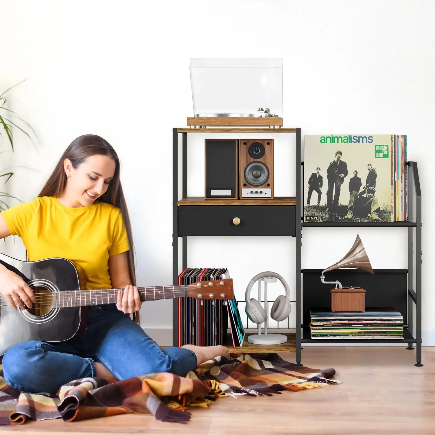 Living Room Vinyl Shelf Storage Vintage Turntable Stand Holder Large End Table Media Stereo Record Player Stand