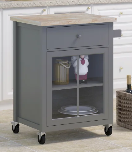Grey Rubber Wood Top Serving Trolley Wooden Kitchen Island Cart, Kitchen Utility Cabinet with Pine Wood Legs