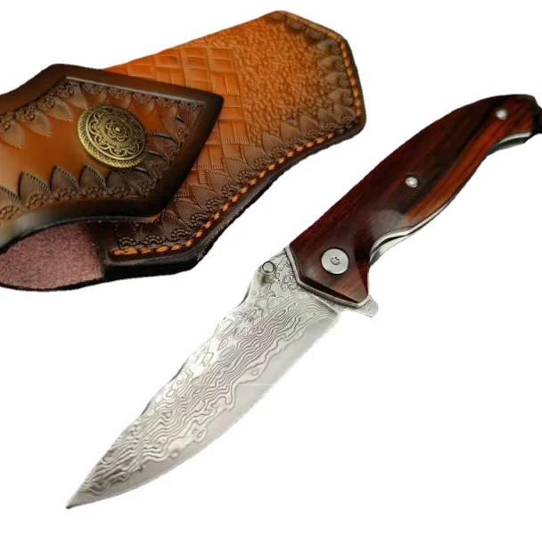 Winged Damascus blade red acidwood handle pocket outdoor survival knife multi-EDC tool folding knife