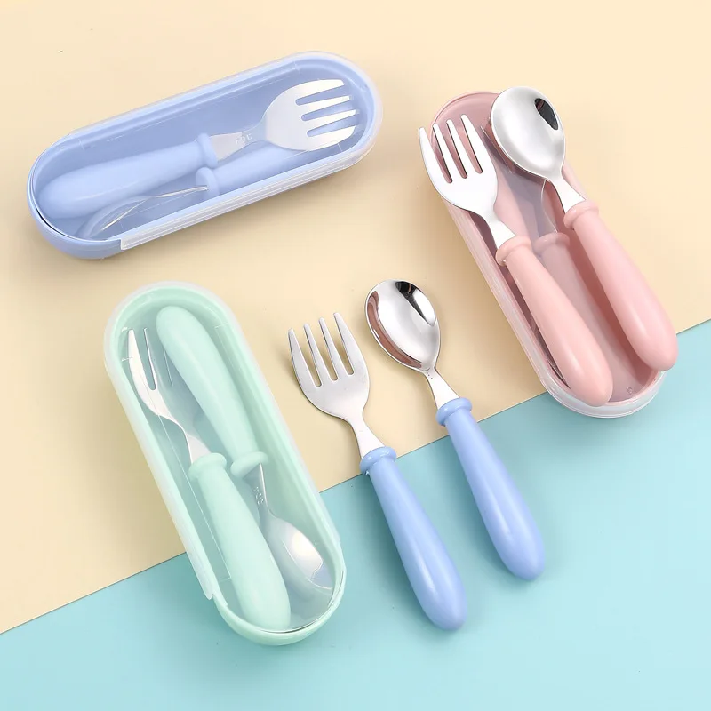 Eco-friendly Toddler Utensils Stainless Steel 304 Cutlery Child Baby Feeding Sets 2 PCS Spoon and Fork with Case
