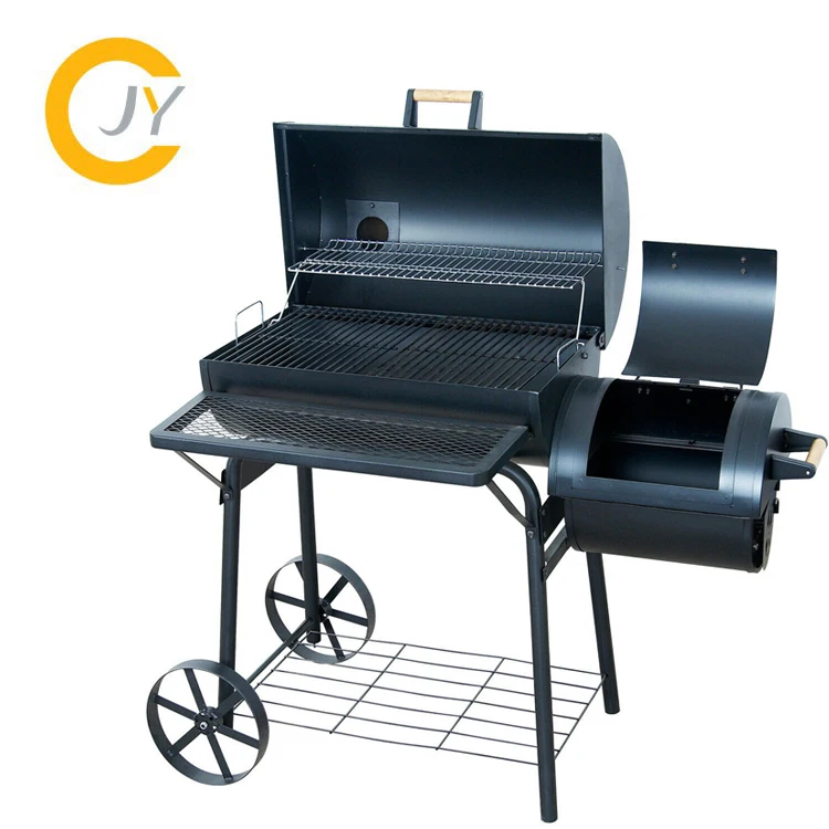 Charcoal BBQ Grill/Offset Smoker with Trolley/Large Chimney for outdoor Backyard